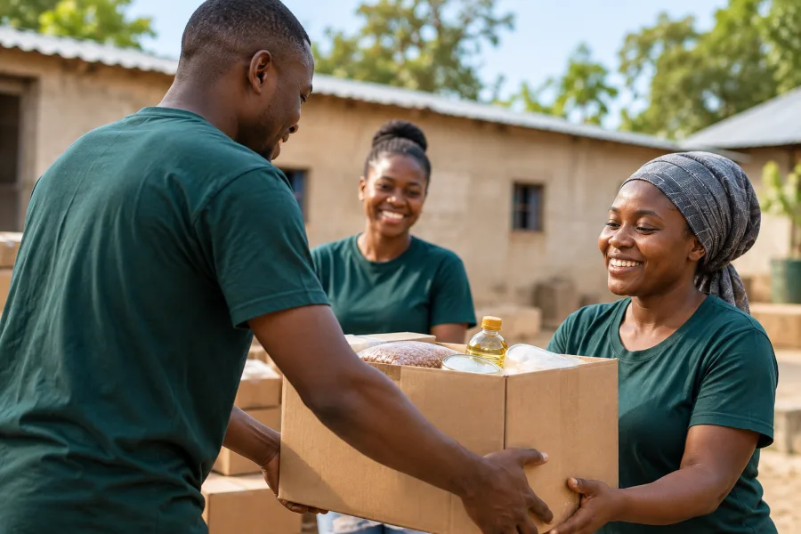 Church volunteers sharing supplies